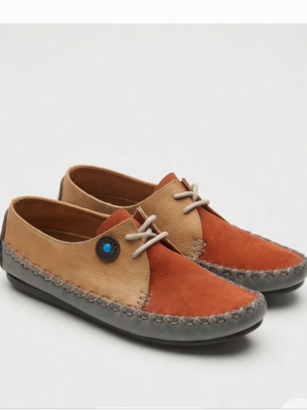 Hush Puppies Vintage Tri-Tone Orange Tan And Gray Leather Moccasin Shoes Size 8